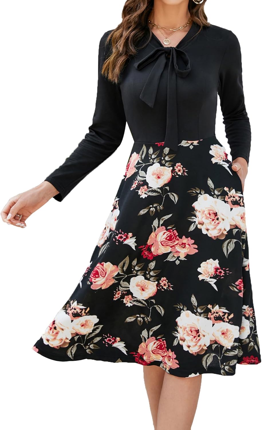 oxiuly Women's Vintage Bow Tie V-Neck Pockets Casual Work Party Cocktail Swing A-line Dresses OX278 (L, BK-MUDF9)