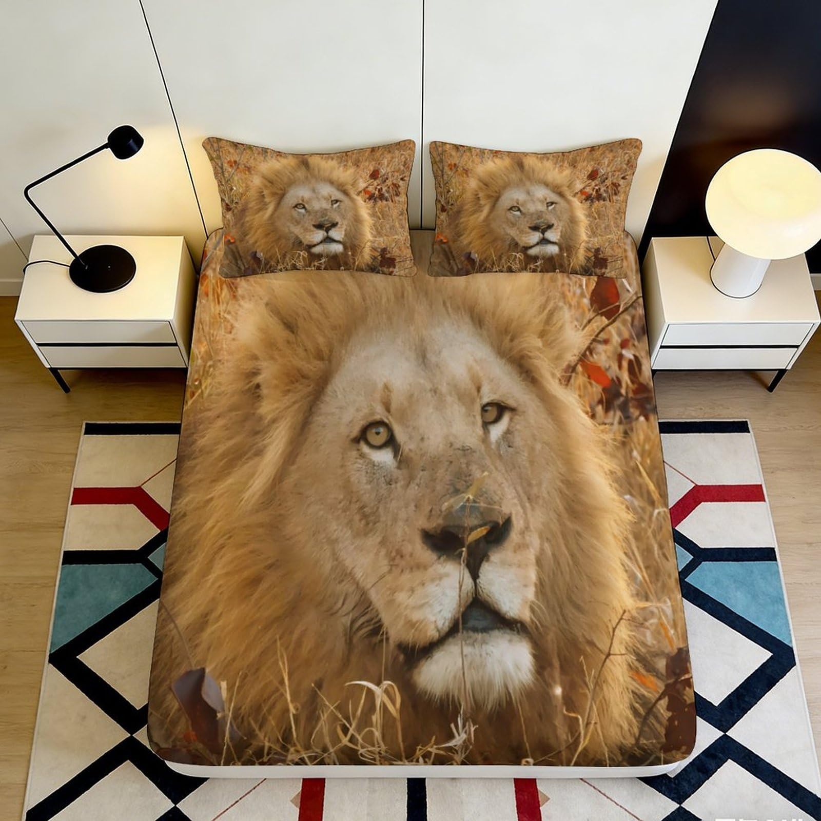 3D Printed Lion Face Fitted Sheet Microfiber Soft Anti-Slip Animal Bed Cover for Bedroom Guestroom Mattress Protection 90x200x25cm