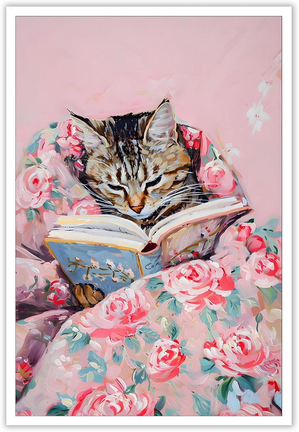 Trendy Cute Cat Posters Funny Cat Covered With Quilt Reading A Book Canvas Wall Art Funky Pink Flower Abstract Pet Prints Painting For Home Bedroom Dorm Wall Decor 16x24 in Unframed