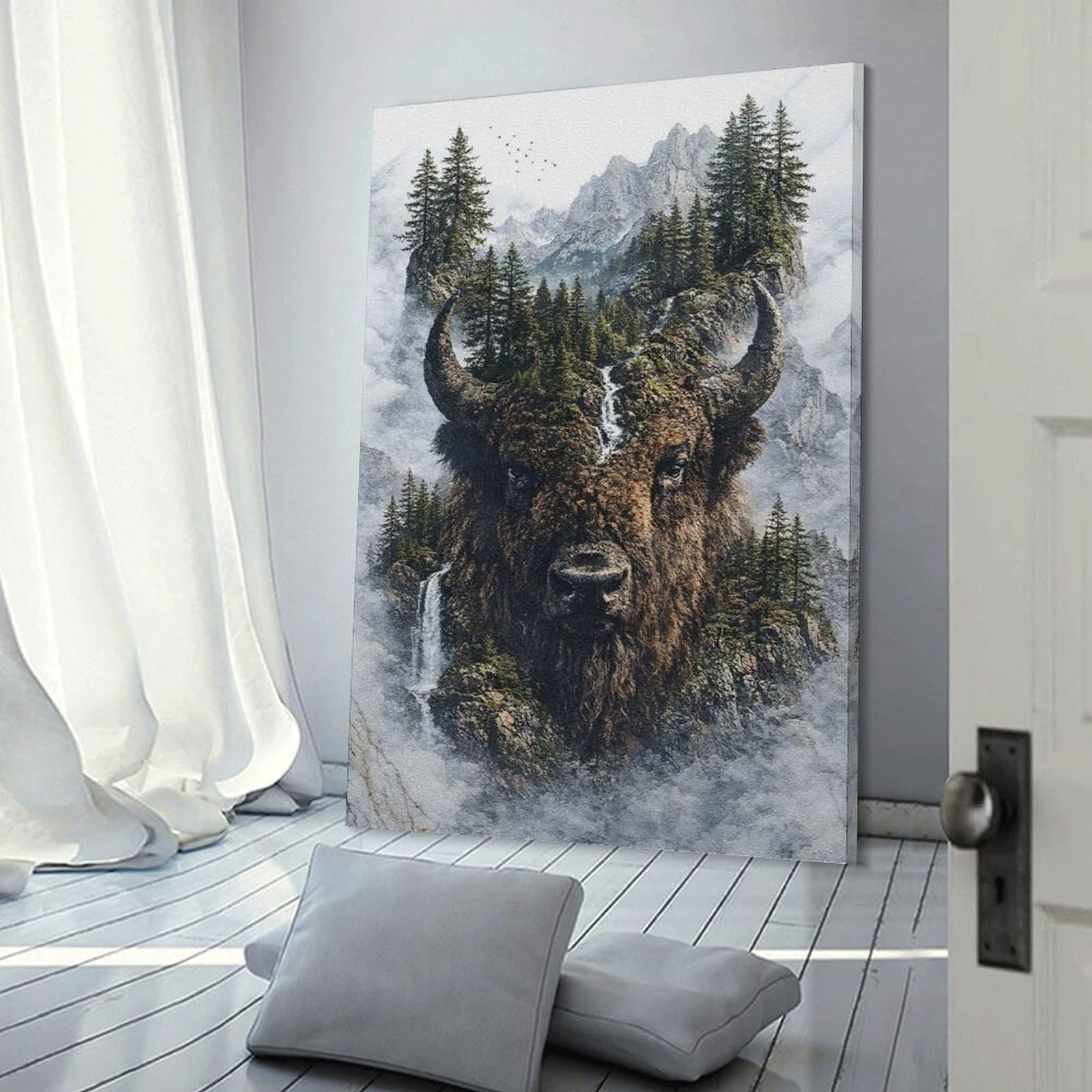 Junmoney Bison The Majestic Defender of Nature’s Domain Canvas Wall Decor, 24x36inch(60x90cm), for Bedroom, Guest Room Or Reading Nook, Canvas Wall Decor for Personal Spaces