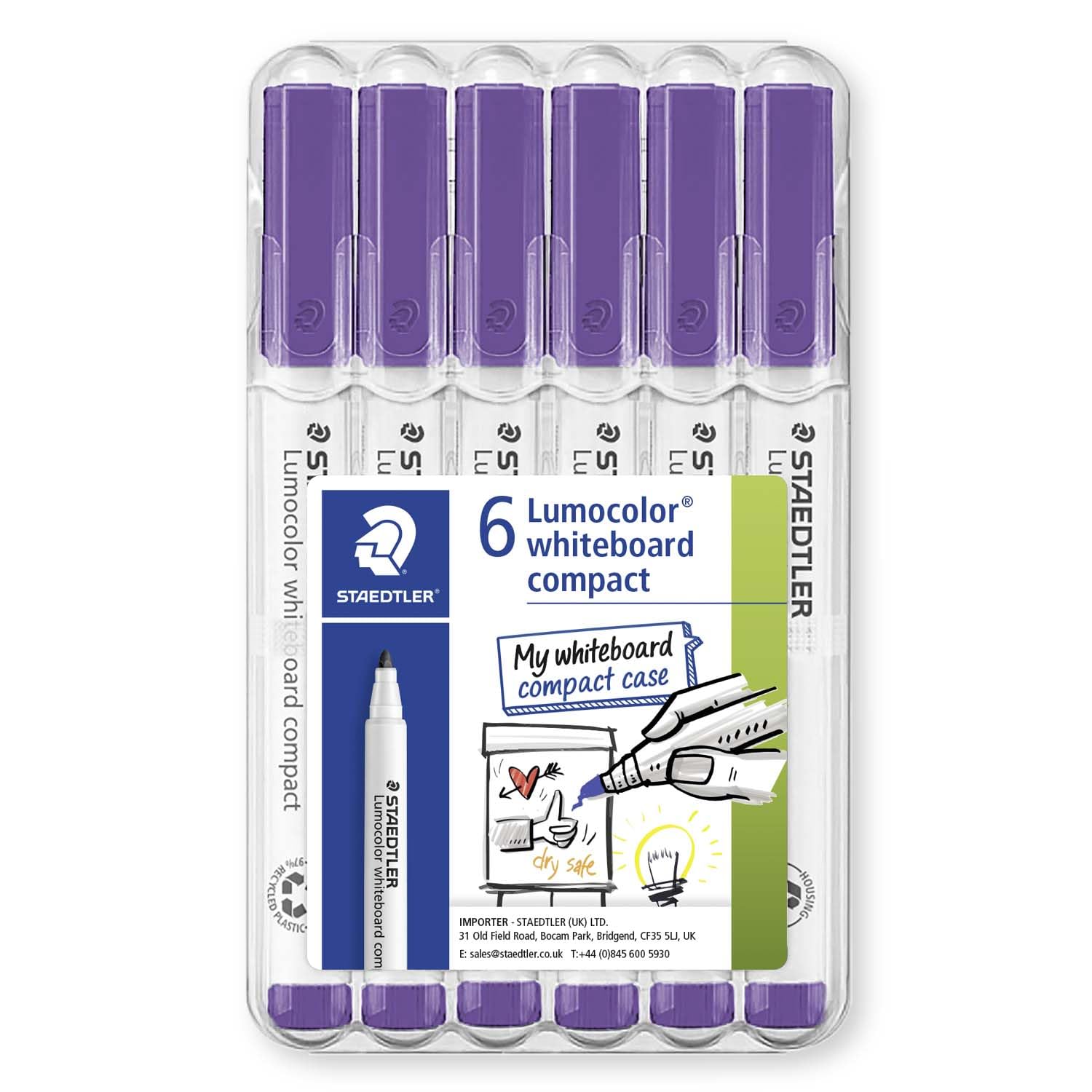 STAEDTLER 341 Compact Lumocolor Whiteboard Marker Pen - 1-2mm Bullet Tip - Dry Erase Markers - Wallet Pack of 6 Pens (Violet)