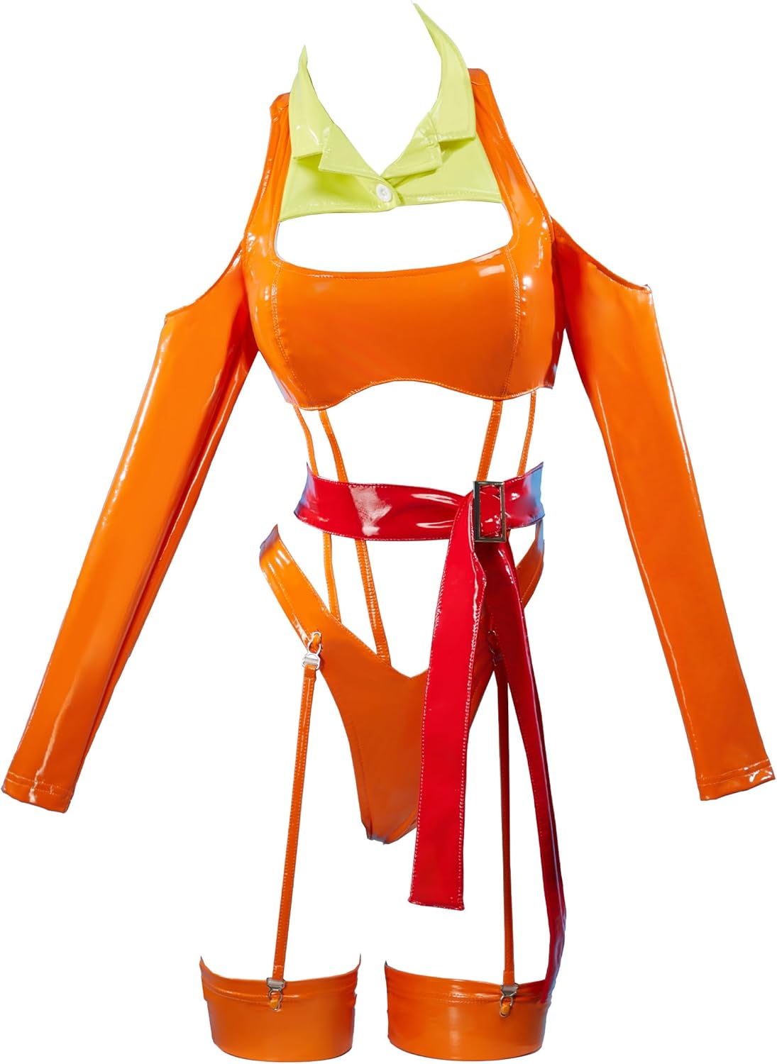 Mobbunny Women Anime Derivative Cosplay Costume Orange Sexy Leather Bodycon Cutout Lingerie Bodysuit with Belt