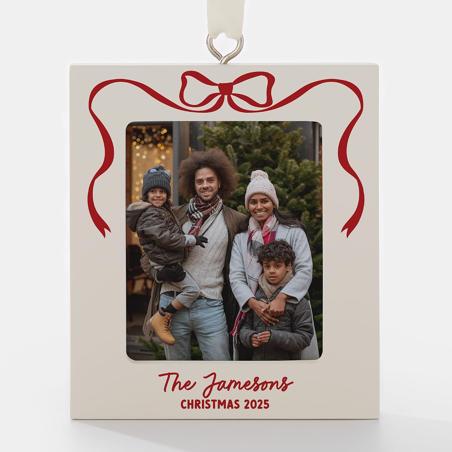 Personalization Universe Christmas Bow Picture Frame Ornament - Customize with Name/Message, Add Photo - Perfect for Christmas Decorations - Holds 2.5"x3" Photos - Glass/MDF 4x3.5x0.5