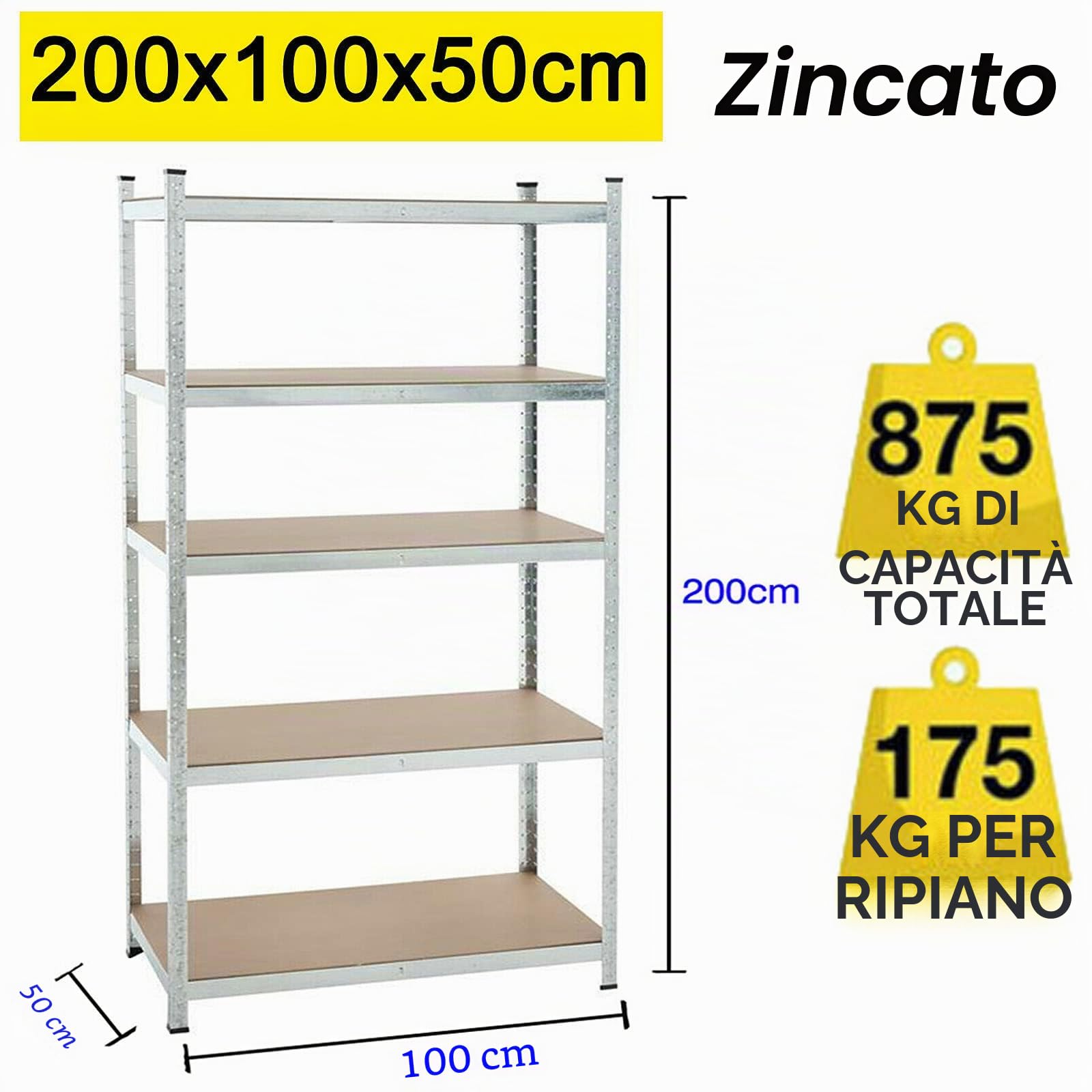 DayPlus Mensola per garage in metallo con scaffale per cuscinetti in metallo a 5 livelli, ripiani per seminterrati regolabili, ripiano in plug-in carico pesante 875kg 200x100x50cm zincato