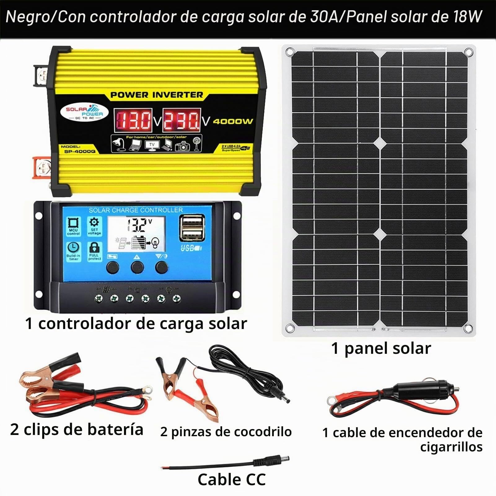 Zestaw Solar 4000W przetwornica 18W Monokrystaliczny panel 30A USB LED Sterownik | Pełna energia słoneczna do domu, szybkie ładowanie USB, inteligentna ochrona i wyświetlacz LCD. (A:110V)