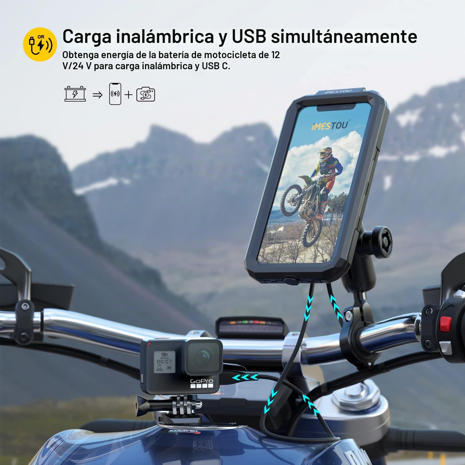 iMESTOU Soporte Impermeable para Teléfono de Moto con Cargador Inalámbrico Qi/USB C 3.0 Antirrobo en el Manillar 1 Bola Soportes para Teléfonos Móviles con Base de Aluminio 3.5"-6.1" Smartphones(S)