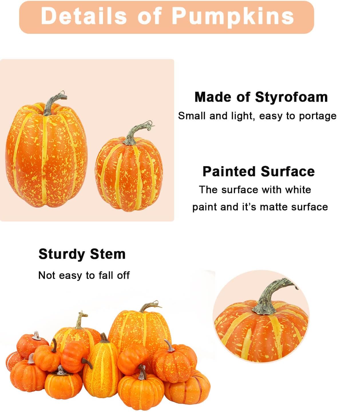vensovo Assorted Orange Plastic Pumpkins for Decorating - 12 Pcs Small and Large Pumpkins Décor Gourds to Paint, Artificial Assorted Pumpkins for Halloween, Thanksgiving, Wedding Party