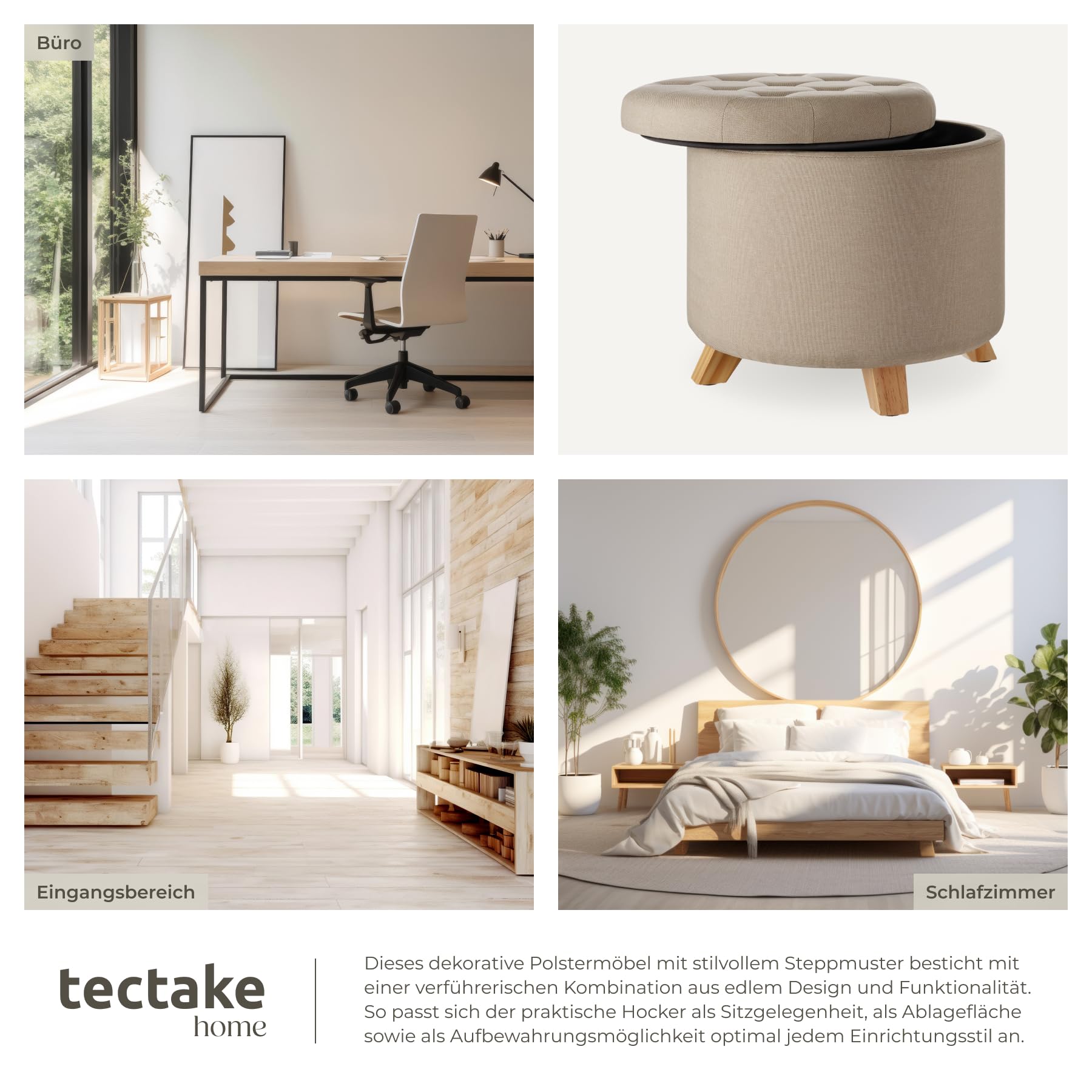 tectake® Hocker mit Stauraum, Sitzhocker mit Stauraum, Aufbewahrungsbox mit Deckel, Fußhocker, Hocker rund, Hocker Holz Beine, als Sitzbank Flur, im Wohnzimmer oder Schlafzimmer - Sand