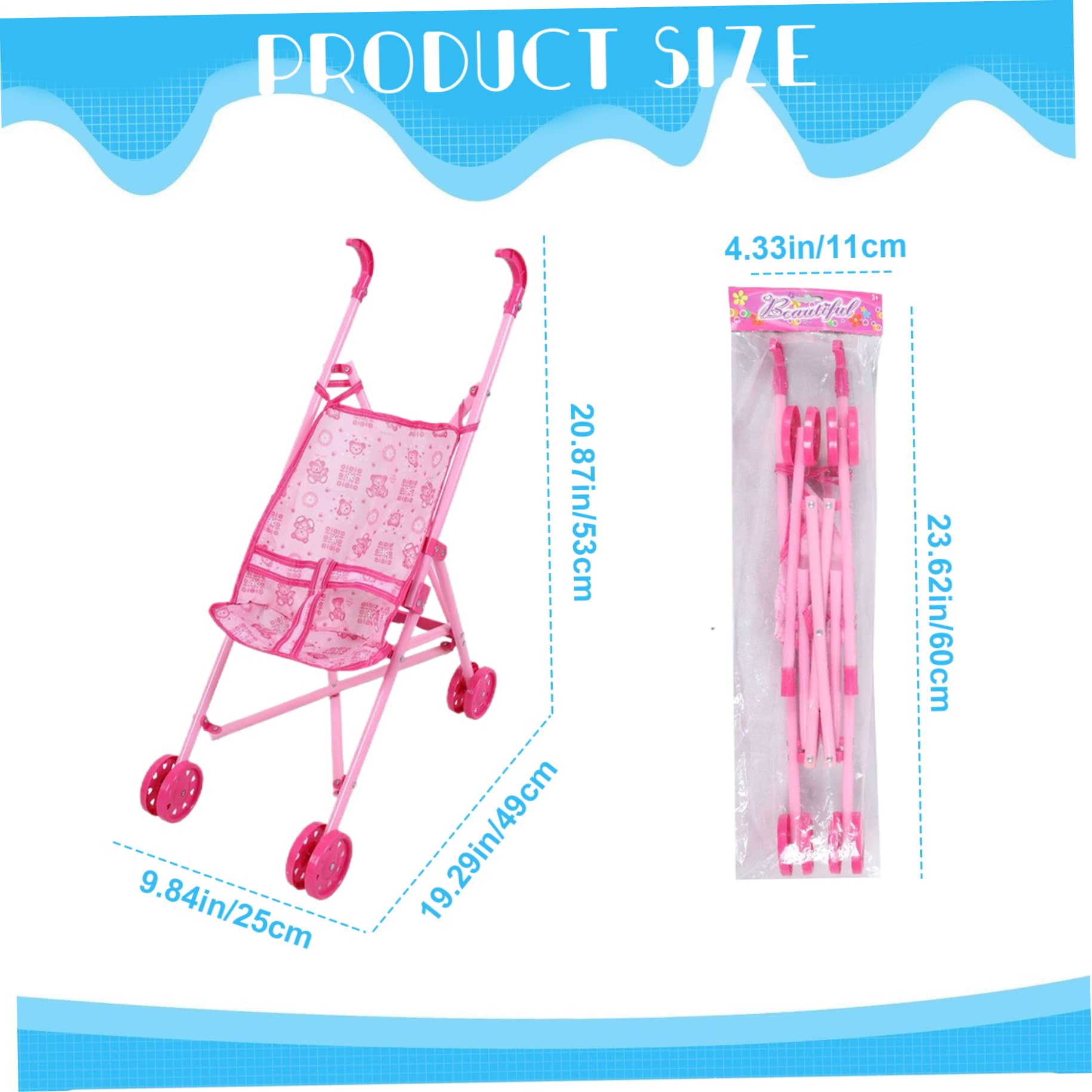 Poussette Pliable Pour Poupée – Cadre Fer Tissu Oxford – Ceinture T – Roues Doubles – Dès 1 An