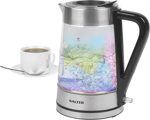 Salter EK5078IR Glass Electric Kettle with Iridescent Finish, 1.7 L Capacity, Limescale Filter, Easy-Fill Lid, for Left & Right Handed Users, Colour Indicator, Auto Shut-Off, Strix Controlled, 2200 W