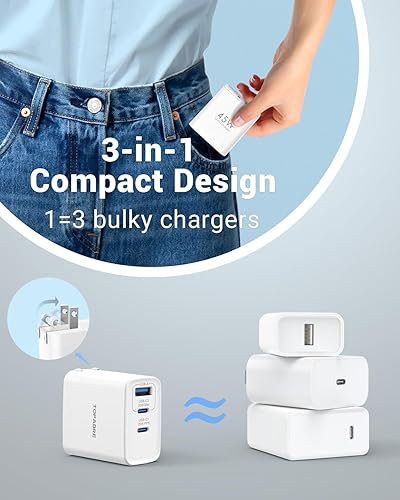 Miniatura 26 de Bloque de cargador USB C de 65 W, cargador de pared GaN de 3 puertos, plegable, compacto, tipo C, carga rápida para MacBook Pro/Air, para iPhone