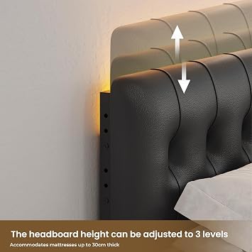 KIMENICH Double Bed Frame, Metal Bed 135 x 190 cm with 2 Drawers, 4FT6 Double Metal Bedframe with Sockets, Upholstered Height-Adjustable Headboard with LED Lighting, Easy Assembly, PU Black