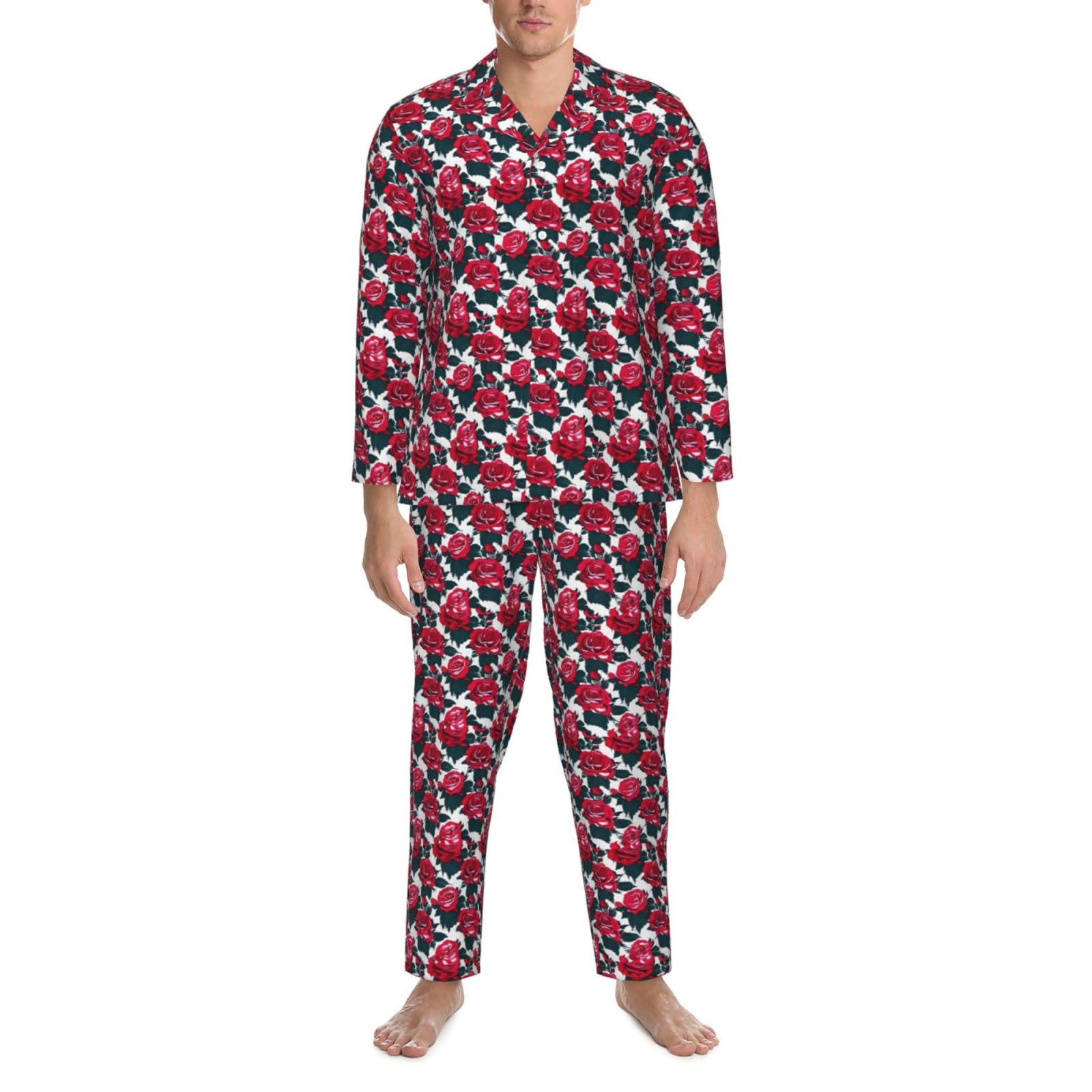 Herren-Pyjama-Set mit Rosenblüten und Blumenbild, langärmelig, zweiteilig, Hauskleidung, bequeme Nachtwäsche