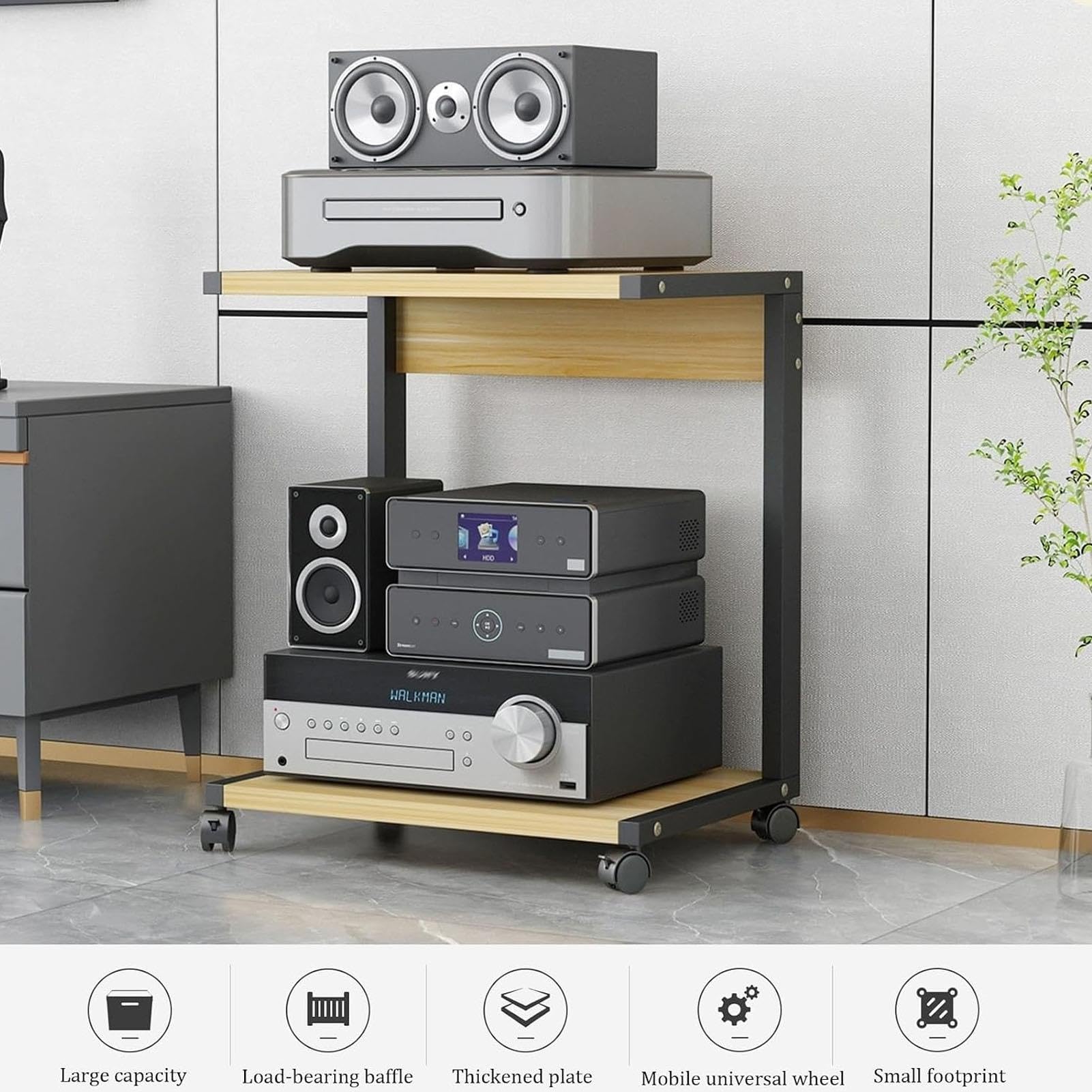 Tv Rack Hifi Shelf Audio Cabinet, Audio Rack met 2 Niveaus Wieltjes