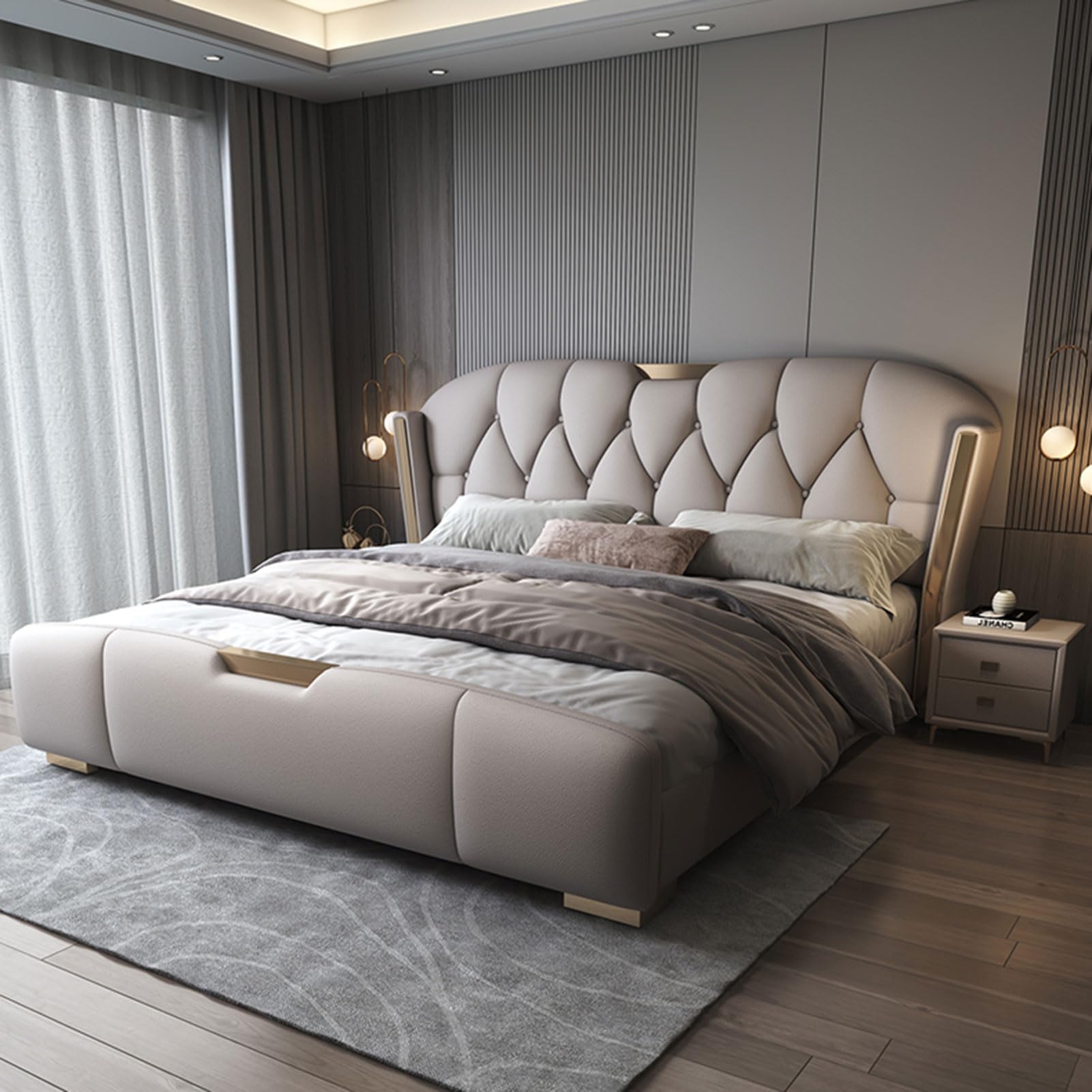Modern King Size Genuine Leather Wood Bed Upholstered Platform Bed Frame with Headboard and Storage Drawers No Box