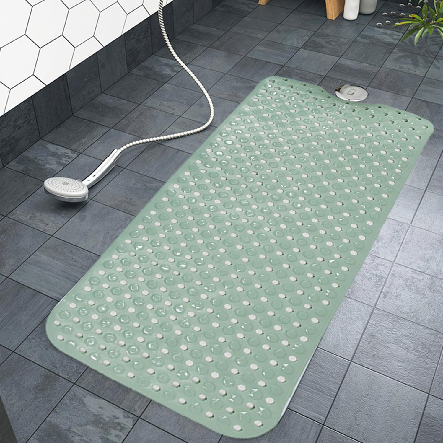 Non Slip Bath Mat Anti Mold Rubber Mat with Suction Cups - Transparent Washable Large Drain Holes for Use inside the Bathroom Shower Mat - Green - 40 x 70 cm