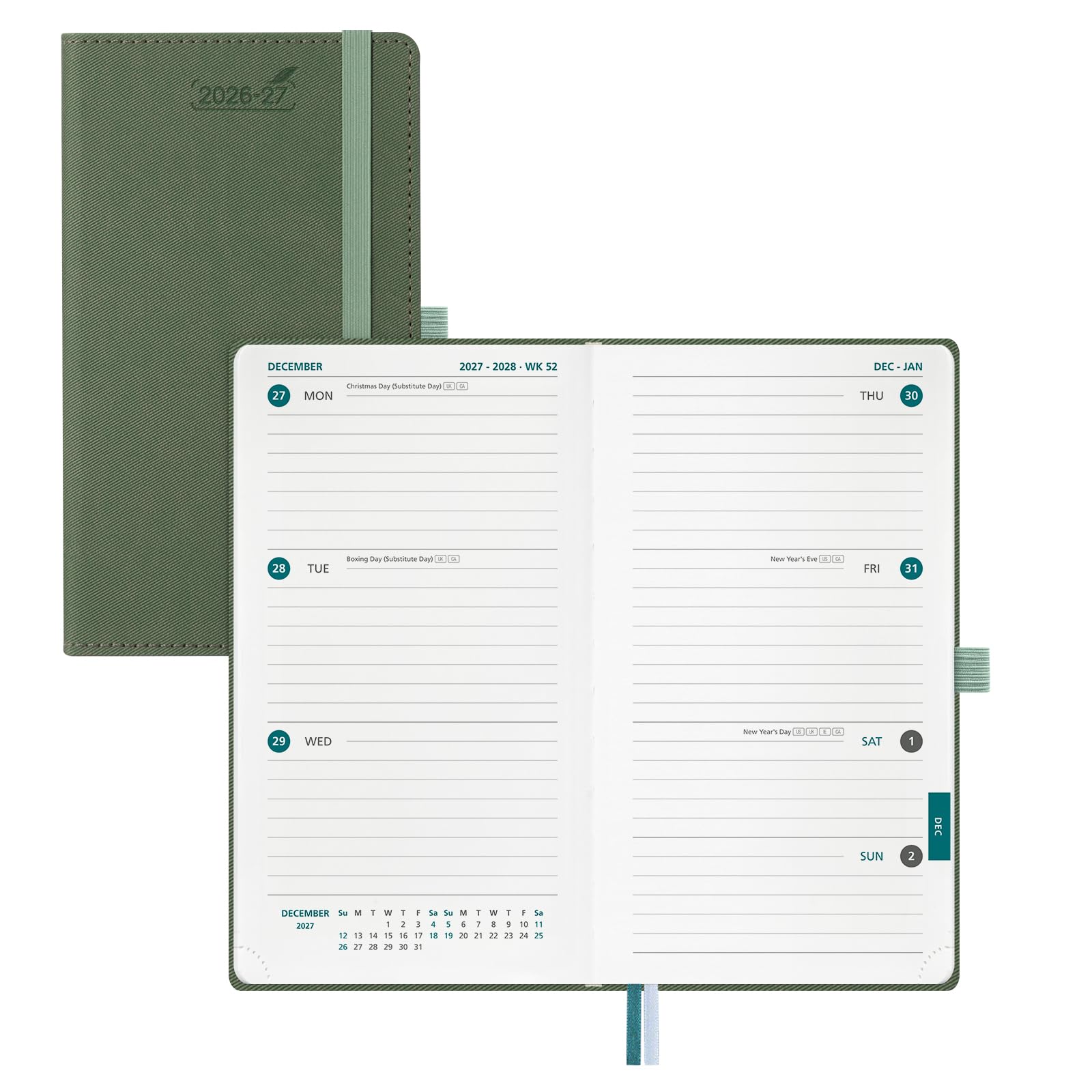 BEZEND Pocket Diary 2026-2027 Week to View (Jul'26 - Dec'27), Slim 17 x 9.5 cm. 18-Month Horizontal Weekly Planner with Pen Holder & Inner Pocket. for Work and Home. PU Leather Hardback - Olive
