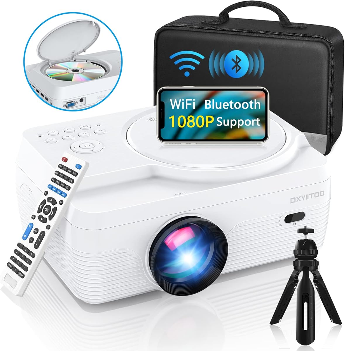 Full HD WiFi Bluetooth Projector Built in DVD Player, 12000LM 1080P Supported, Portable Mini DVD Projector for Outdoor Movies, 250" Home Theater, Compatible with iOS/Android/TV Stick/PS4/HDMI/USB/TF : Electronics