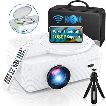 Full HD WiFi Bluetooth Projector Built in DVD Player, 8000LM 1080P Supported, Portable Mini DVD Projector for Outdoor Movies, 250