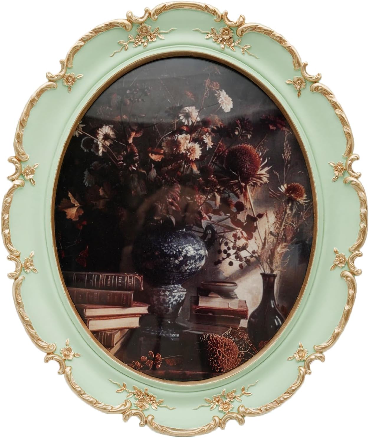Oval Frame 8x10 - Soft Green Gold Vintage Picture Frames 8x10, Antique Ornate Frames 8 X 10 With Glass Front For Tabletop Photo Display And Wall Hanging, Frame 8 By 10