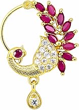 Nose Ring for Women Stylish Gold Plated Red and White AD Peacock Nose Ring with Piercing for Women and Girls