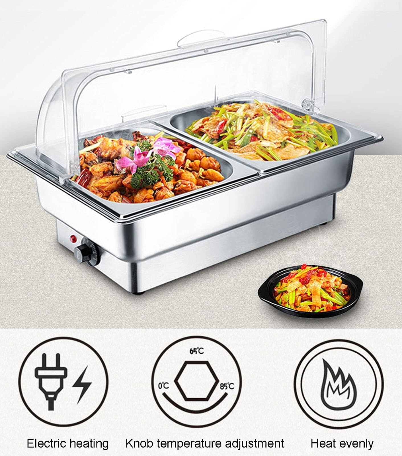 Scaldavivande Elettrici in Acciaio Inox per Buffet, 9L 13L, Ideali per Buffet Commerciali, con Coperchio per Mantenere Il Cibo Caldo A Lungo, Temperatura Regolabile, A-9L-1/3 Size, B,13L