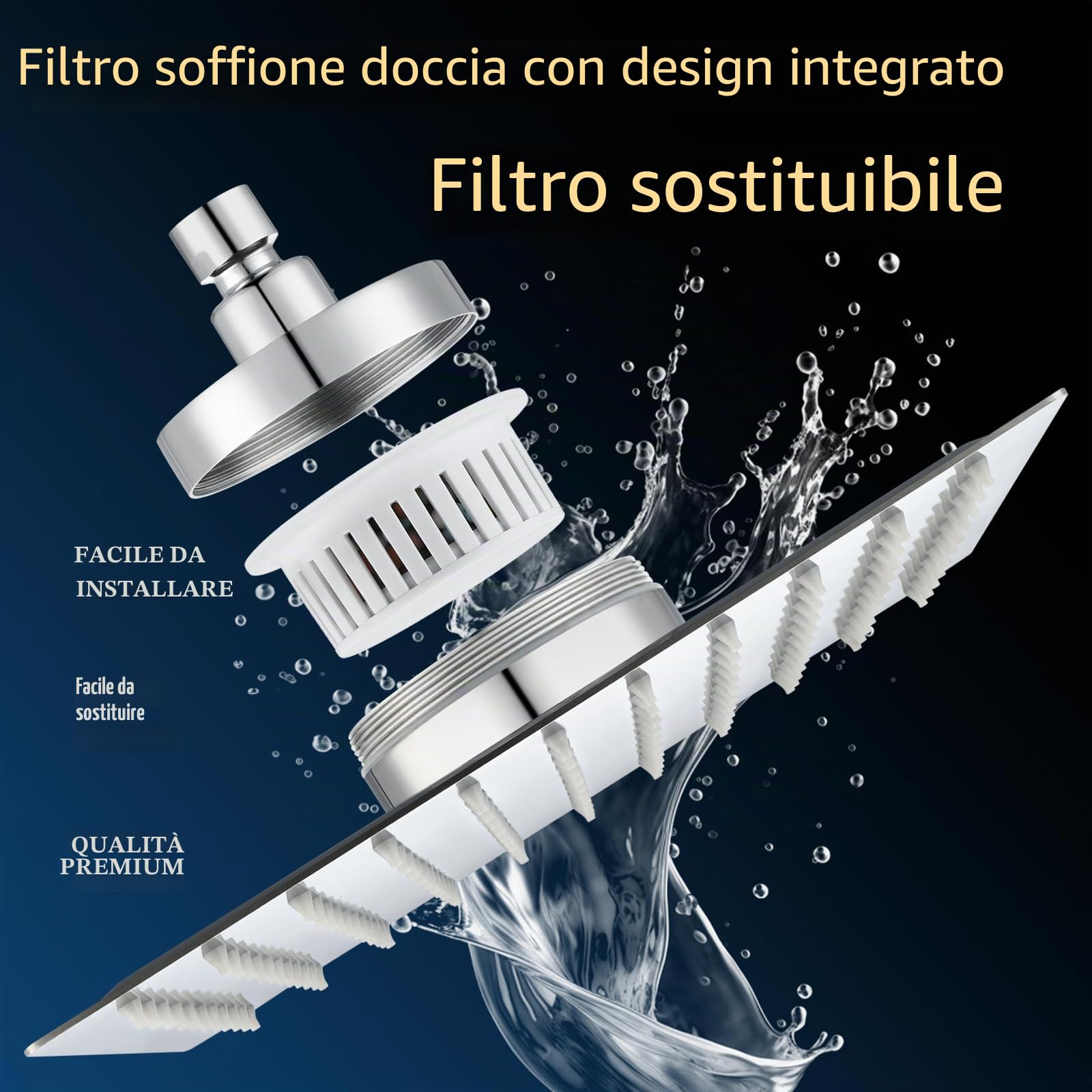 Soffione doccia filtrato, 30cm, soffione doccia di lusso, ammorbidisce l'acqua dura, migliora la condizione della pelle e dei capelli, design integrato con filtro, cromato