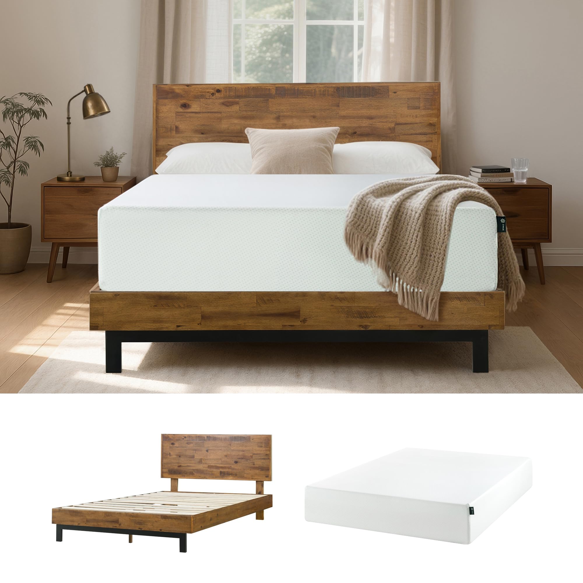 ベッド/マットレス  Wooden bed with mattress Amazon.com: Zinus Set:12 Inch Green Tea Memory Foam Mattress [New