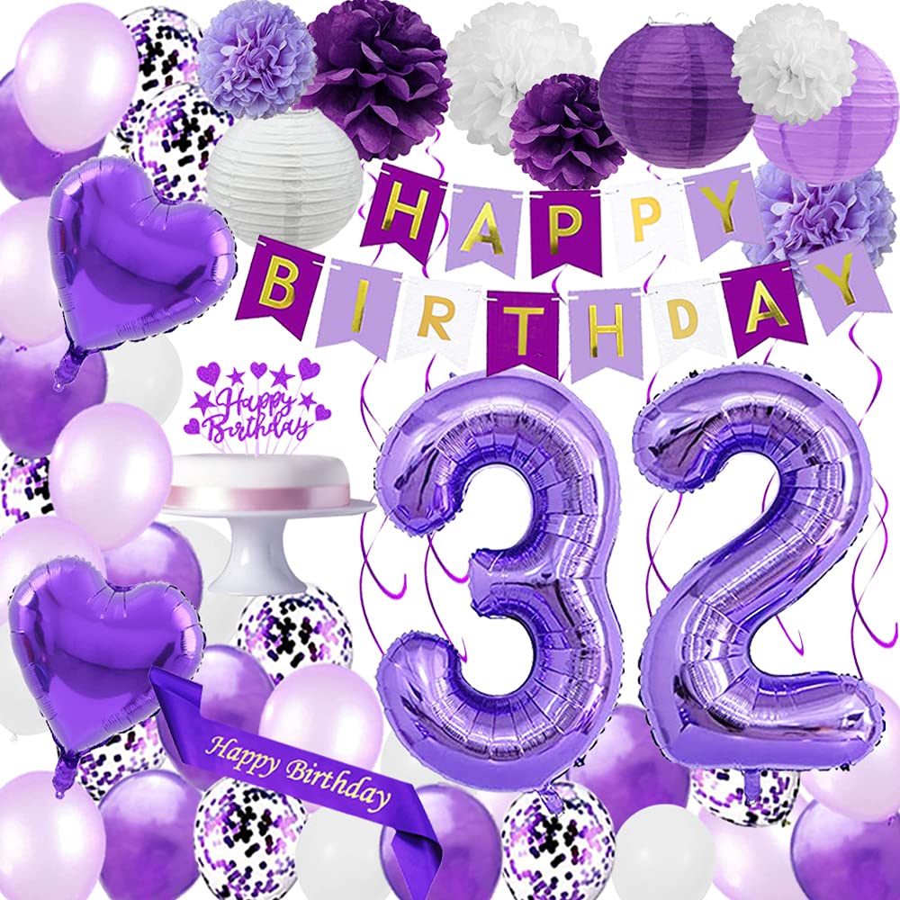 Santonila Purple 32nd Birthday Decorations set Happy Birthday Banner Sash and Cake Topper Number 32 Confetti Latex Balloons Paper Lanterns for 32 Years Old Birthday Party