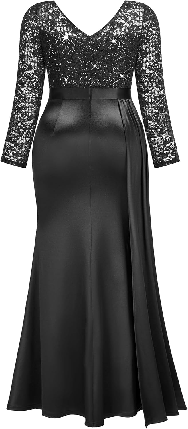MISSMAY Women's Plus Size Sequins Lace V Neck Long Ruched Satin Slit Mermaid Hem Formal Party Long Dress - Image 6