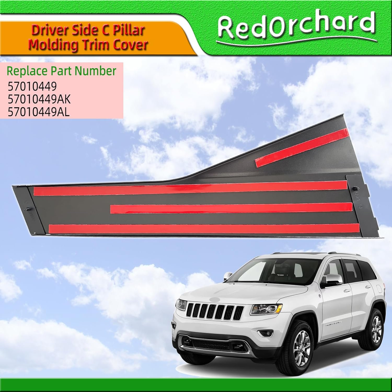 Driver Side C Pillar Molding Trim Cover Fit for Grand Cherokee 2011 2012 2013 2014 2015 2016 2017 2018 2019 2020 2021 Exterior Left Rear Door Molding Applique Panel Glossy Black 57010449AK