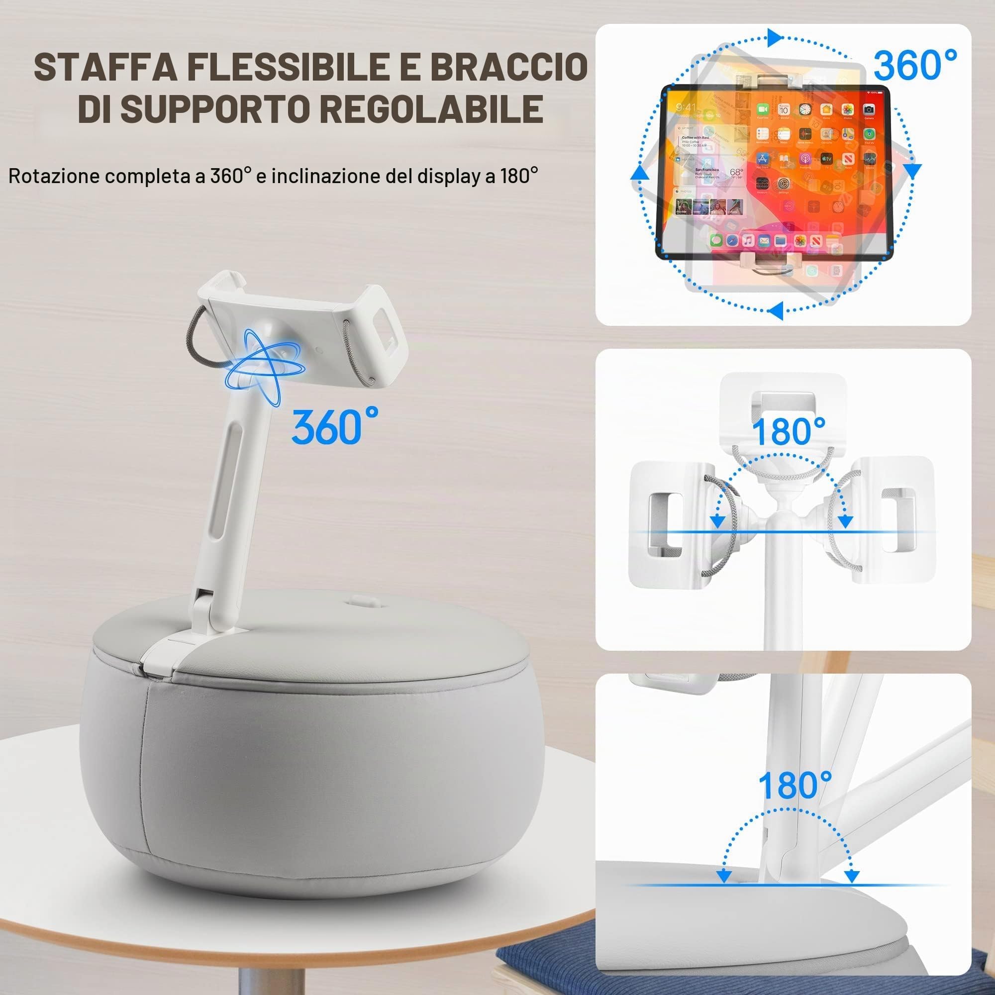 AboveTEK Supporto per Cuscino per iPad con Supporto a Mani Libere Girevole a 360° per Telefono e Tablet, per Letto Sdraiato con Sacchetto Morbido, Adatto per iPad/Tablet/Telefoni da 4,9 a 12,9"
