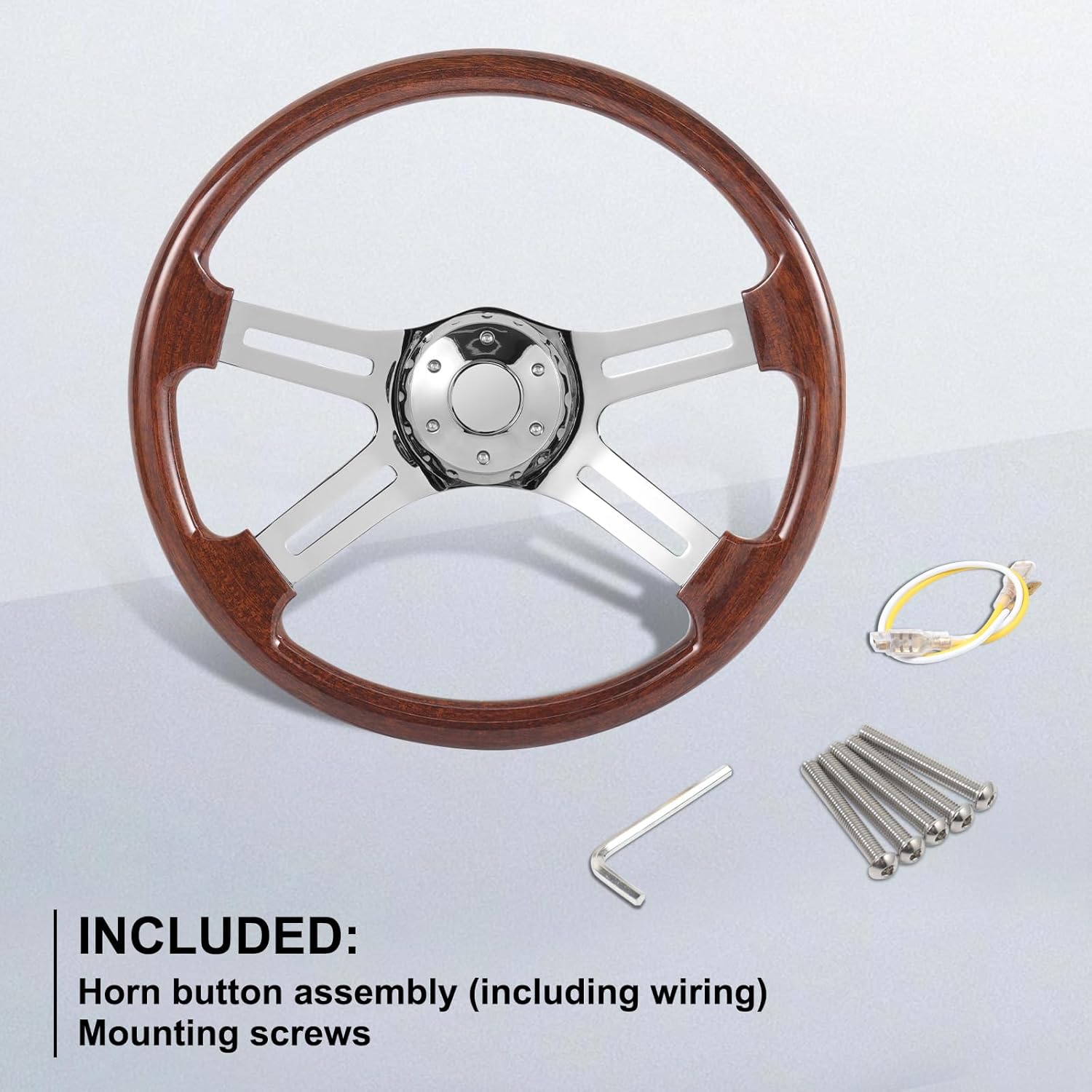 18inch Truck Steering Wheel, 4 Spoke Aluminum Chrome Plated Steering Wheel for Semi-Trailers,for Kenworth,for Peterbilt,for Volvo, Freightliner Trucks (Woodbrown)