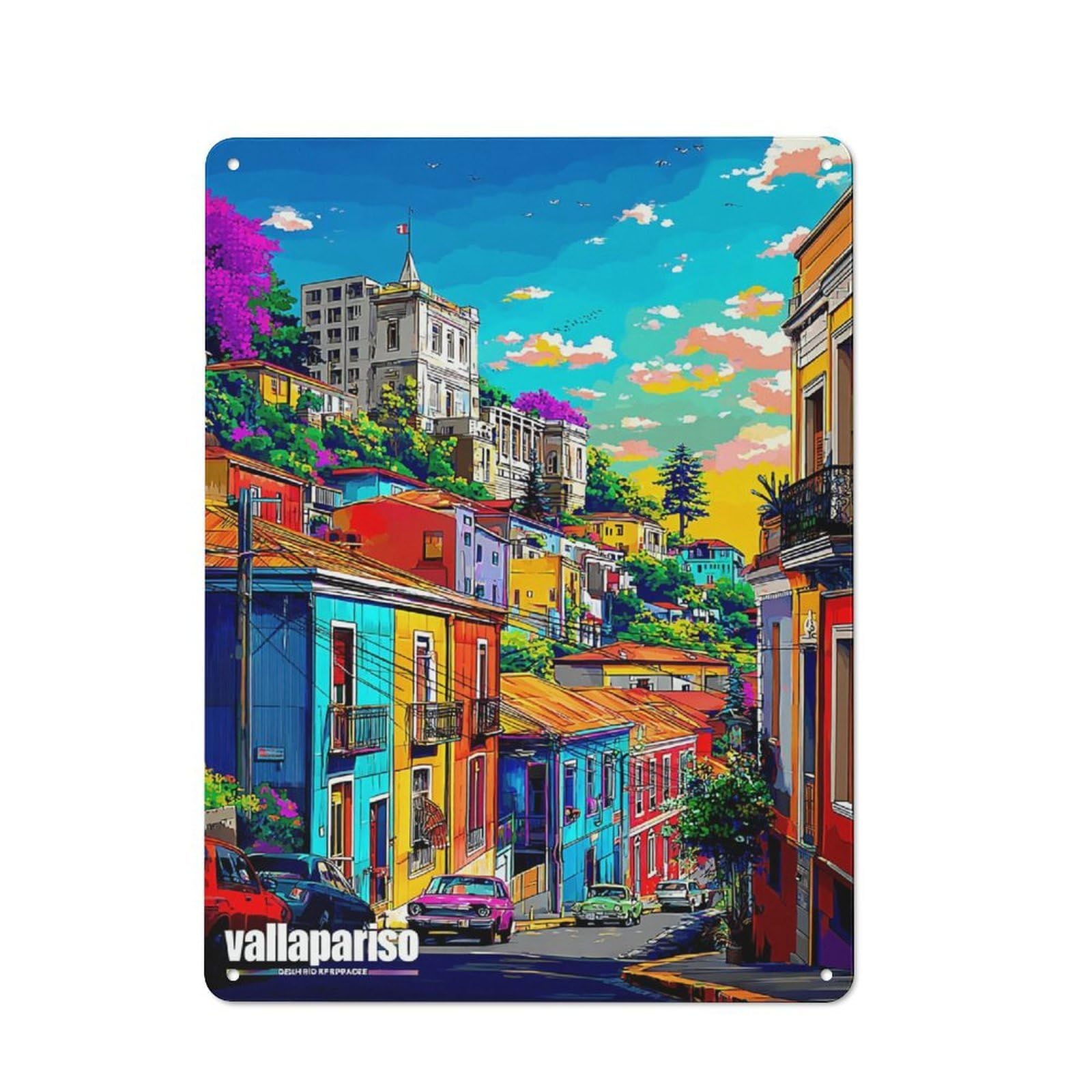 Junmoney Colorful Hillside Neighborhood Scene Tin Wall Plaque 40X30cm With For Hobby Room Or Studio, For Updating Hobby Room And Studio After Moving