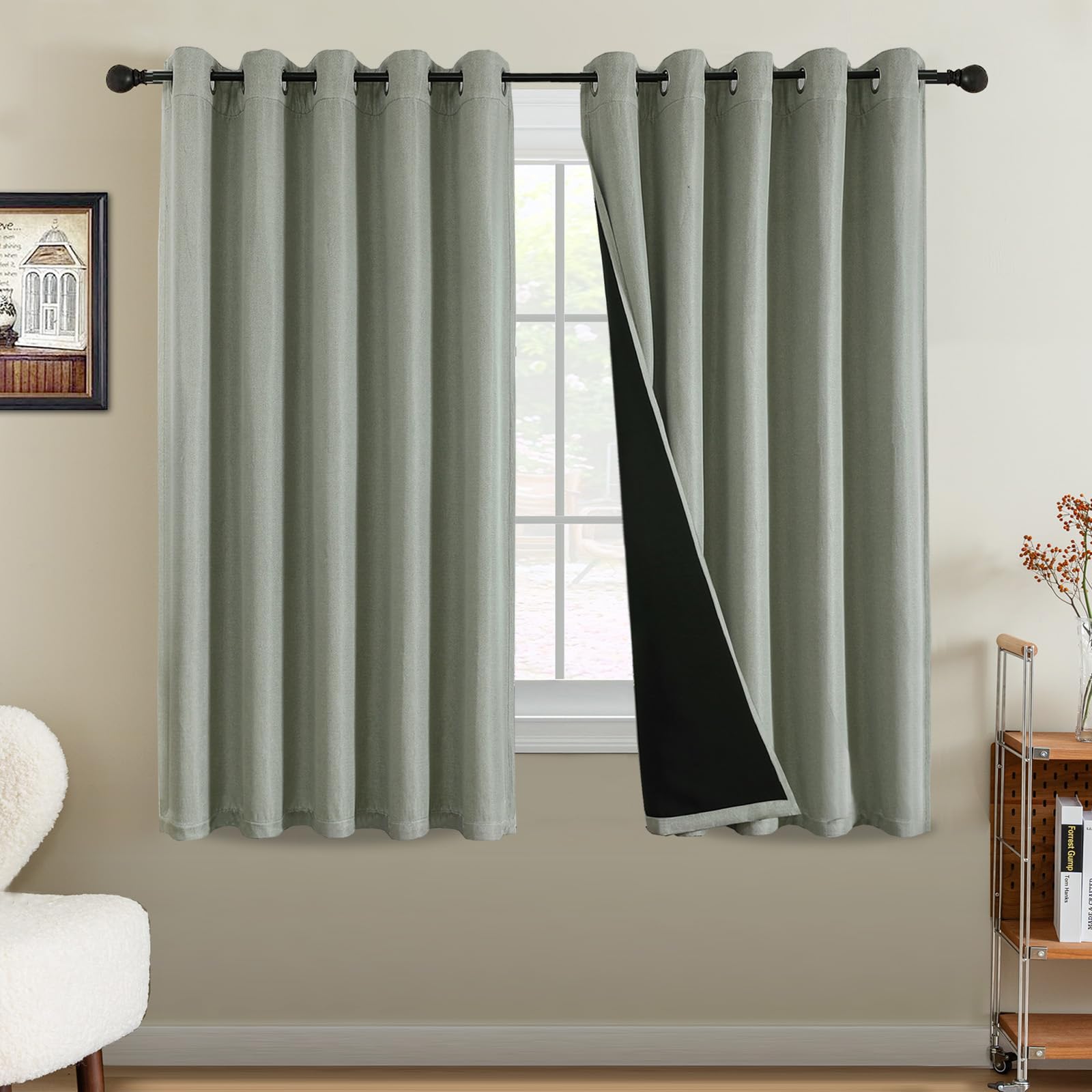 BellaHills 100% Blackout Curtains for Bedroom Thermal Faux Linen Curtain for Living Room Burlap Textured Eyelet Curtains & Drapes, 2 Panels, 66 x 54 Inch, Heather Sage
