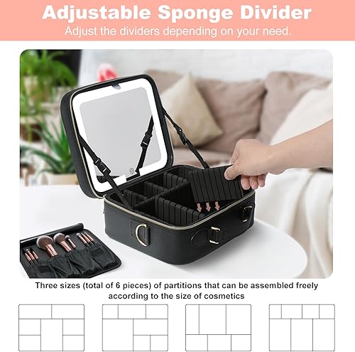 Miniatura 3 de Mocado Bolsa de maquillaje de viaje con espejo iluminado LED, organizador de maquillaje de viaje, estuche de maquillaje con 8 brochas de maquillaje