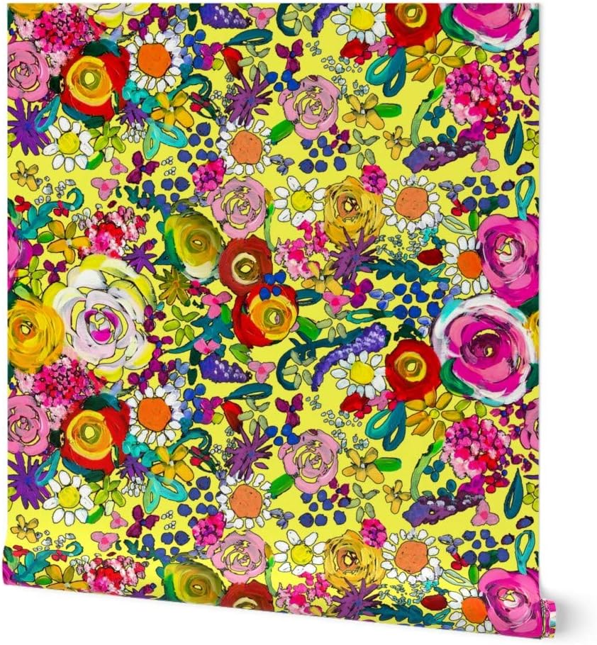 Peel & Stick Wallpaper 3ft x 2ft - Yellow Floral Flowers Print Bright Colorful Rainbow Colors Summer Spring Custom Removable Wallpaper by Spoonflower