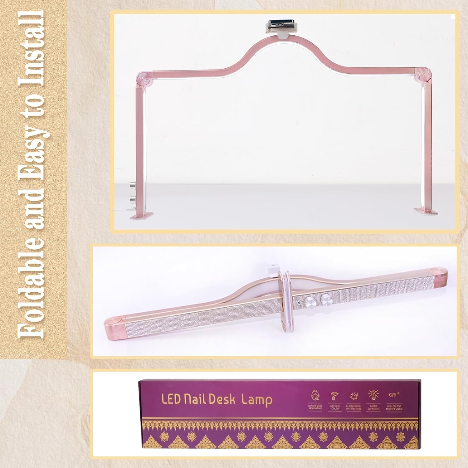 KEDAO Nail Light for Desk Half Moon Light for Nail Desk 34Inch Foldable LED Table Lamp Manicure for Table Adjustable Dimmable Half Moon Lamp for Lash Beauty Tattoos Crafts Pink