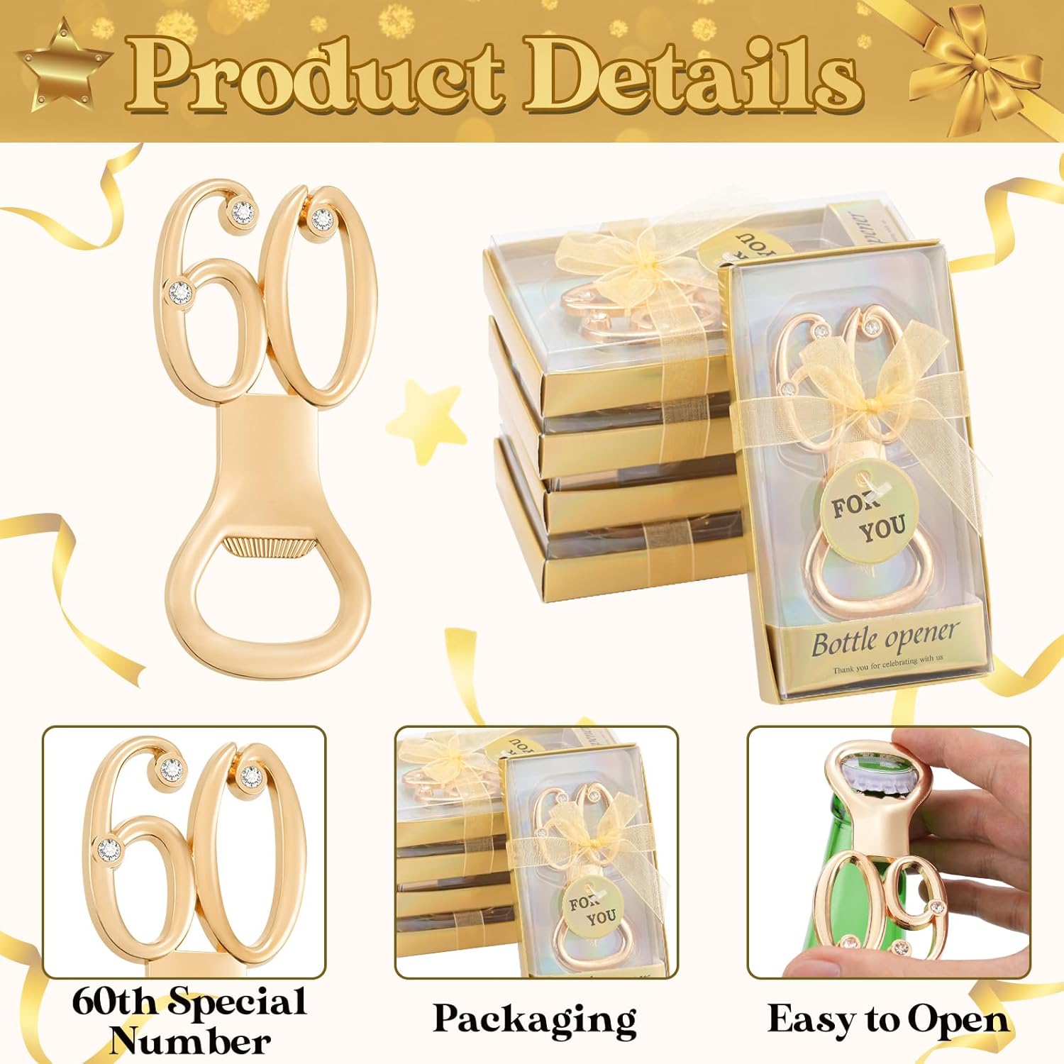 12 Pack Gold 60th Birthday Bottle Opener Favors, Wedding Anniversary Party Gifts, Souvenirs & Decorations for Guests - Image 2
