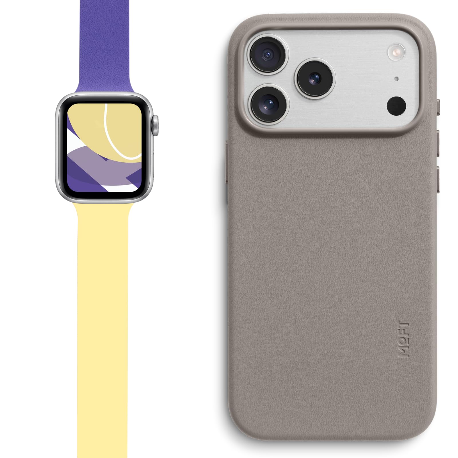 MOFT Snap Duo Watch Bands Compatible with Apple Watch 38mm/40mm/41mm/42mm(S11-10) Strike Yellow x Poise Purple & MOVAS Snap Case for iPhone 17 Pro Max Taupe