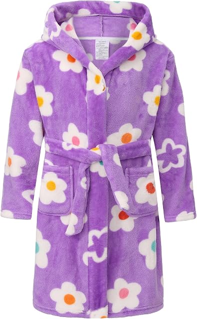 Girls Fleece Robe, Hooded Toddler Soft Fuzzy Bathrobe for Kids 2-16 Years