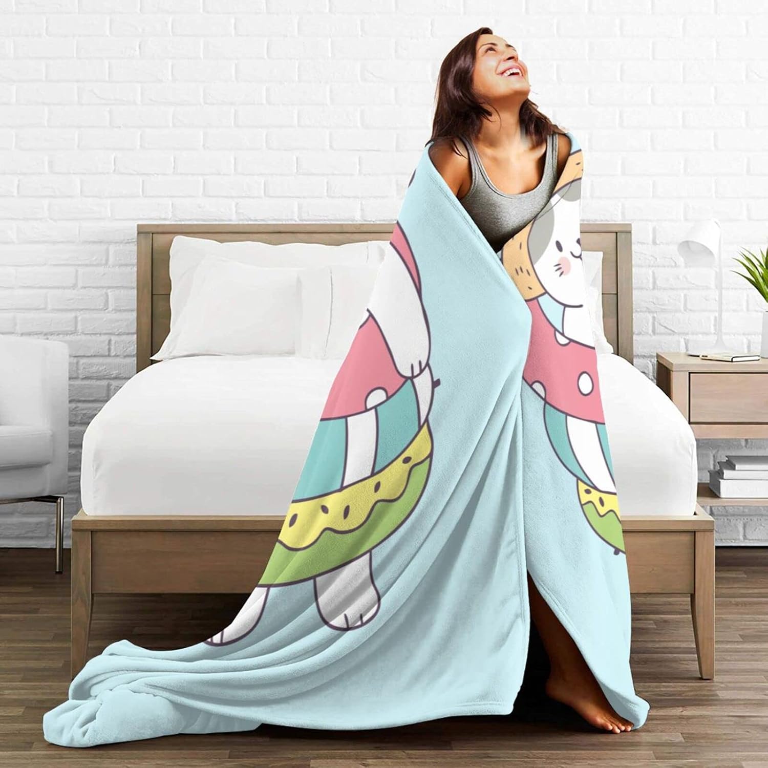 Cute Summer Cat Throw Blanket 60"x50" Super Soft Flannel Blanket Fuzzy Cozy Blanket