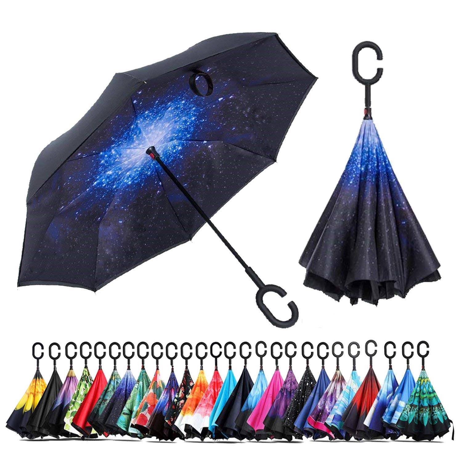 Nny Inc Women's Galaxy Double Layer Inverted Umbrella Cars Reverse Open Folding Umbrellas, Windproof Uv Protection Large Self Stand Upside Down Straight Umbrella For Golf And Men With C-Shaped (Galaxy)