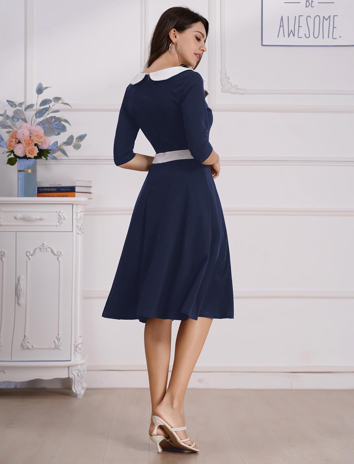 ODIZLI 1950s Dresses for Women Retro Dress 3/4 Sleeve Sweetheart Neckline Swing Midi Dress Cocktail Dress - Image 8