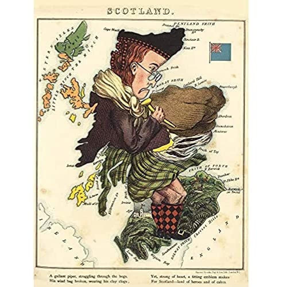 Lancaster 1869 Pictorial Map Scotland Piper Fun Art Print Canvas Premium Wall Decor Poster Mural