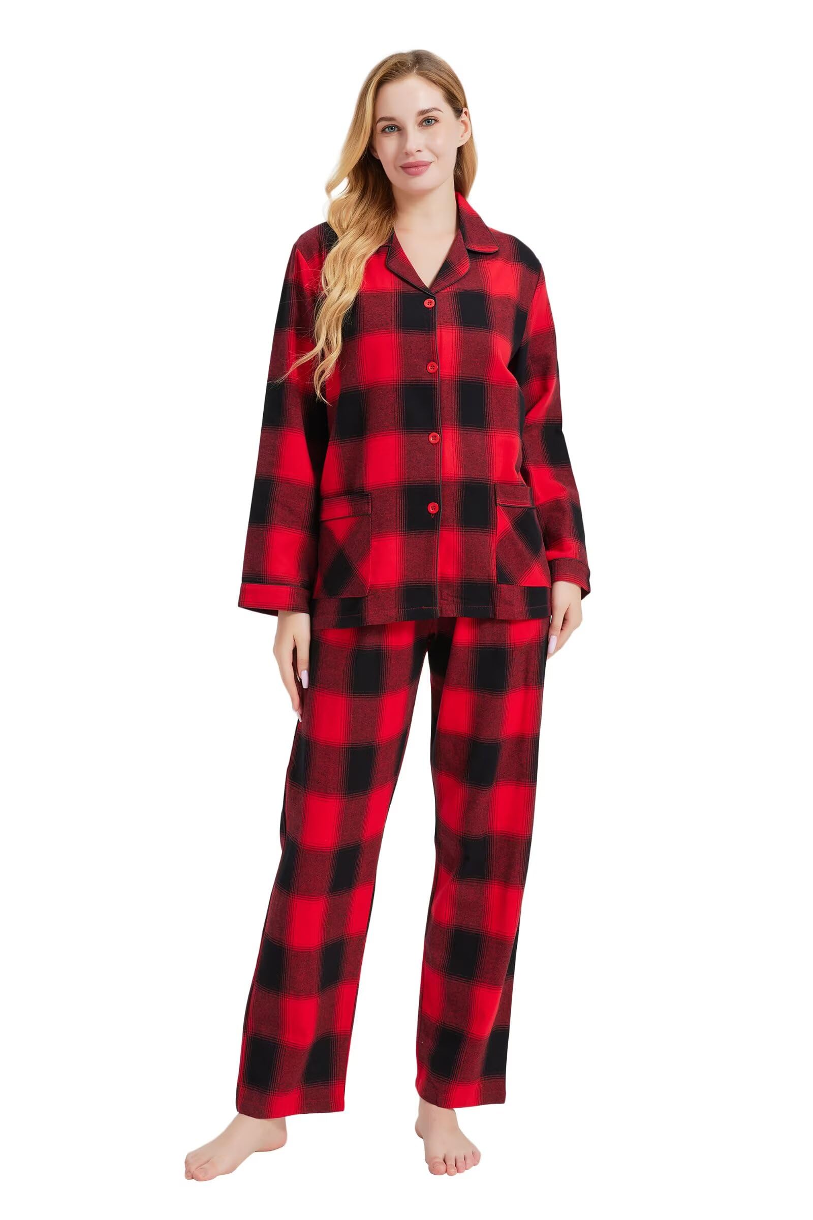 Kolipajam Women's Plaid Red 100% Cotton Flannel Pyjama Set Yarn Dyed Cozy Long Sleeve Winter Pjs For