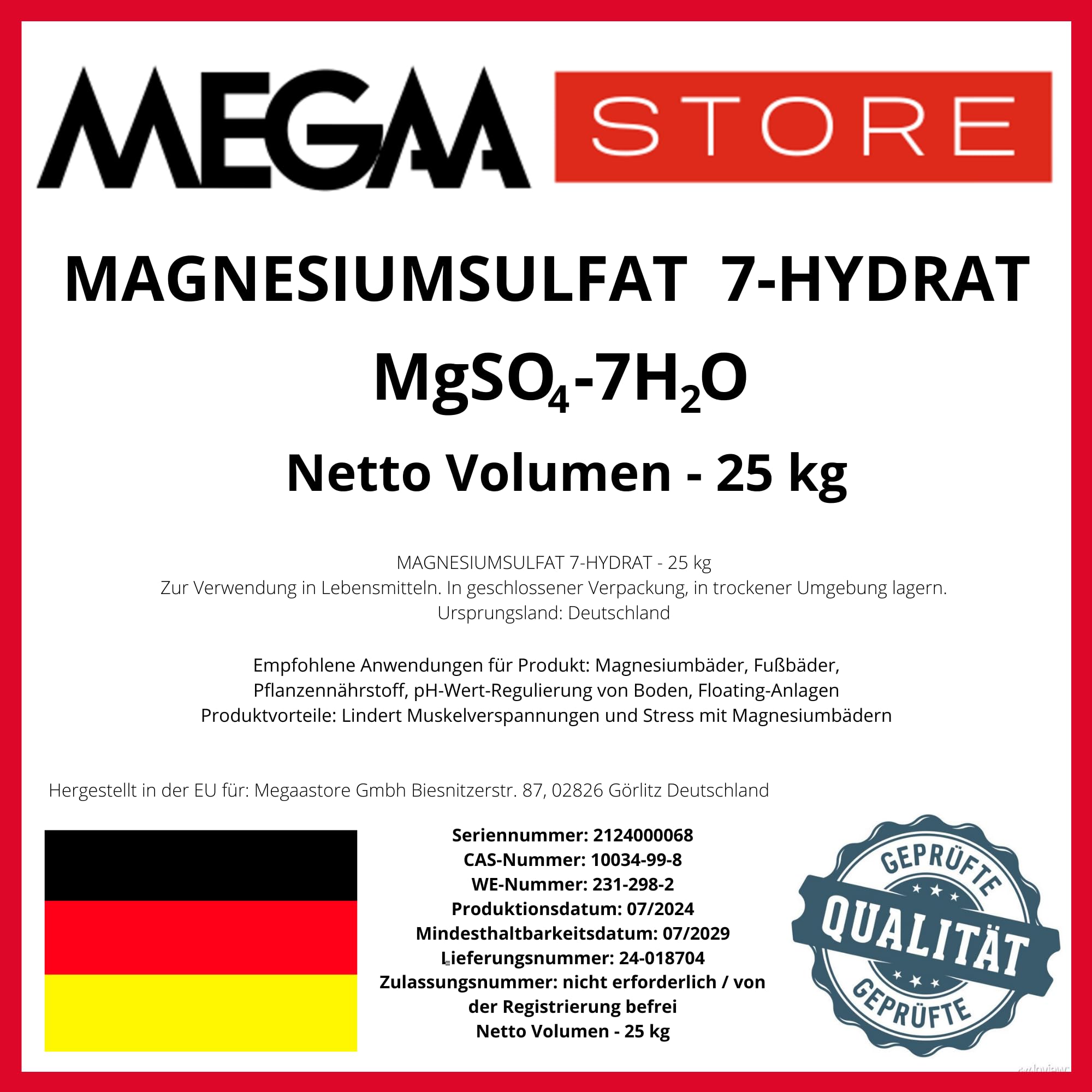 Megaa store Magnesiumsulfat Heptahydrate | 1kg bis 25kg | Natürliches Salz Epsom Salz Badesalz Bittersalz Konzentrierte Magnesium quelle Magnesium Bäder