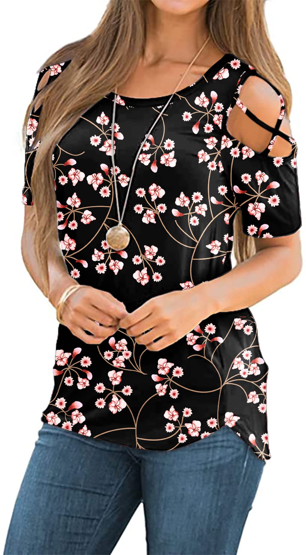 NILOUFO Womens Summer T Shirts Short Sleeve Tunic Strappy Cold Shoulder Tops