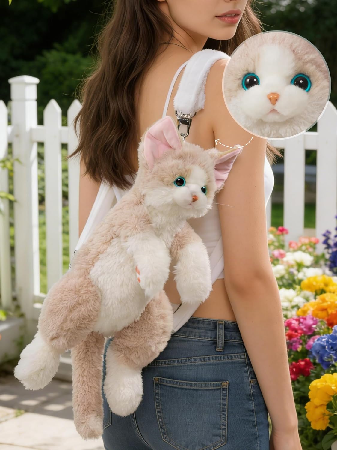 Stuffed Realistic Devon Rex Cat Backpack - Carry Over Shoulder, on One Shoulder or Crossbody with Adjustable Straps Cute and Soft Stuffed Cat Plush Backpack - Light Brown