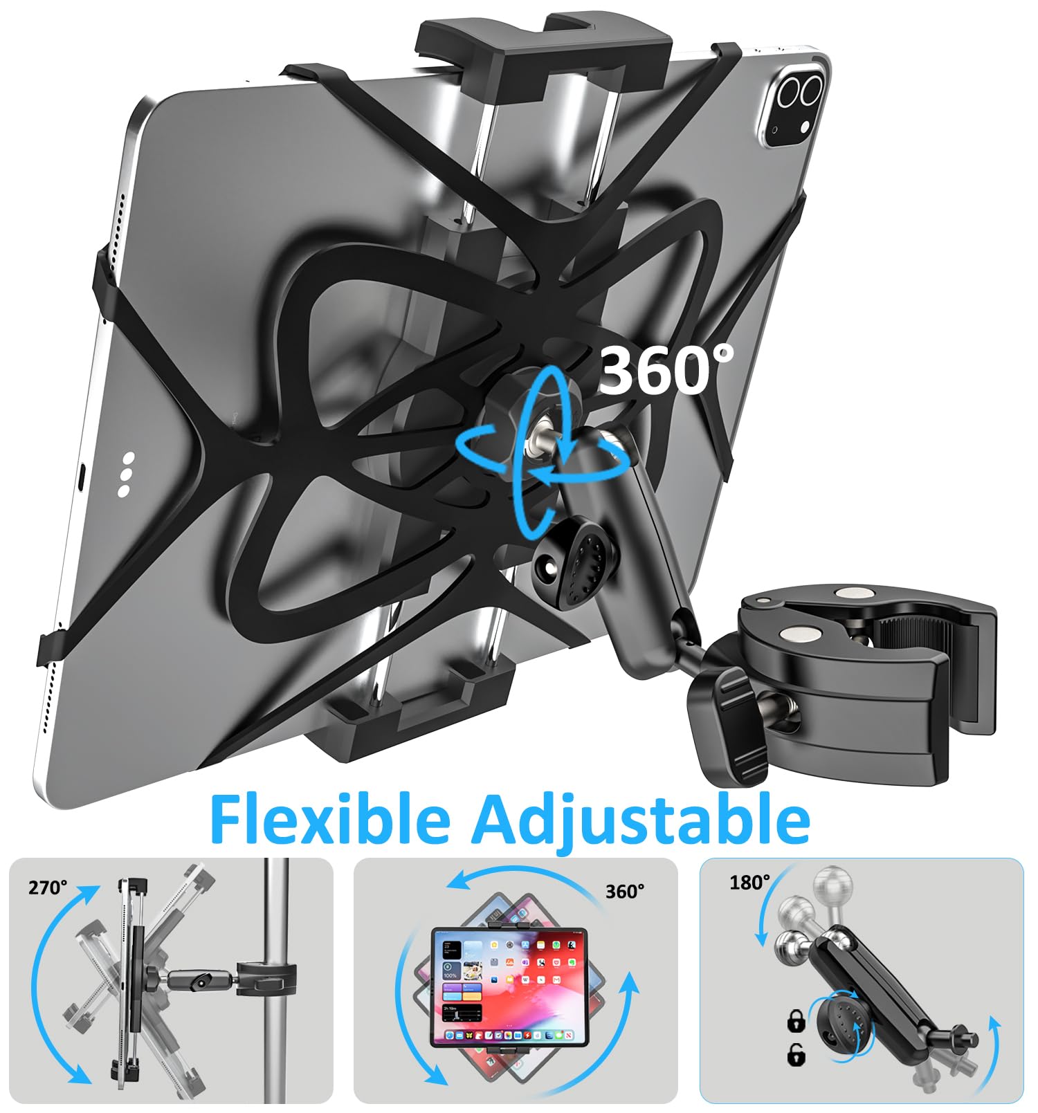 Supporto Tablet Barca Metallo Robusto, Supporto iPad Barca a Vela Yacht con Braccio in Alluminio, Palo Barra Tubo Manubrio Morsetto Bicicletta per Tablet e Telefono, 4-13" (Con Cinghia Anticaduta)